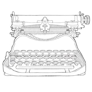 May include: A black and white line art illustration of a vintage typewriter. The drawing features a detailed keyboard with circular keys, a carriage, ribbon spools on both sides, and a central type guide, all rendered in a clean, minimalist style.