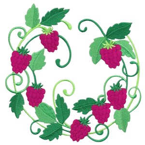 May include: An embroidered patch featuring a circular arrangement of vibrant magenta raspberries with detailed green leaves and curling vine stems. The design showcases six individual raspberry clusters connected by light green embroidered swirls.