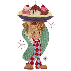 May include: An embroidered patch featuring a cartoon character with brown hair wearing red and light blue checkered overalls, carrying a large banana split dessert with three scoops of ice cream topped with red cherries on a dark purple dish.