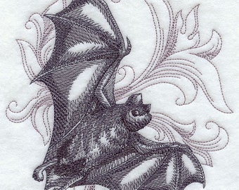 Bat with Baroque Embroidered Towel Flour Sack Towel Kitchen Towel Hand Towel Dish Towel Halloween Towel Bat Embroidery Waffle Towel