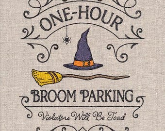 One Hour Broom Parking Embroidered Waffle Weave Hand Dish Towel, Flour Sack, Witch Halloween Guest Towel