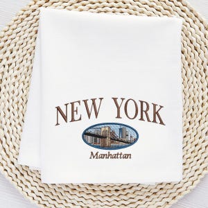 New York Manhattan Embroidered Towel, Flour Sack Towel, Kitchen Towel, Hand Towel, Dish Towel, New York Embroidery, Manhattan Bridge