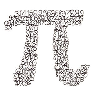 May include: A black embroidered design in the shape of the Greek letter pi, constructed entirely from the digits of the mathematical constant pi, starting with 3.14159 and continuing with numerous subsequent decimal places in a handwritten style.