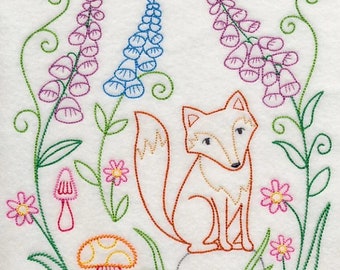 Fox in Forest Flowers Embroidered Towel Flour Sack Towel Kitchen Towel Hand Towel Tea Towel Dish Towel Velour Hand Towel Fox Embroidery