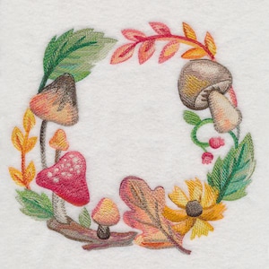 Autumn Mushroom Wreath Embroidered Towel, Flour Sack Towel, Kitchen Towel, Hand Towel, Dish Towel, Mushroom Embroidery, Velour Towel