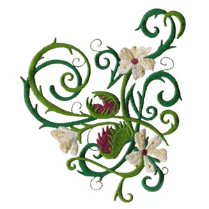 May include: Embroidered floral design featuring white flowers with red centers, green leaves, and curling vines. The design has a textured appearance and is set against a white background. The embroidery showcases a detailed, nature-inspired motif.