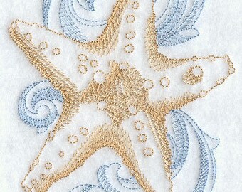 Starfish with Baroque Embroidered Towel Flour Sack Towel Kitchen Towel Hand Towel Tea Towel Dish Towel Velour Hand Towel