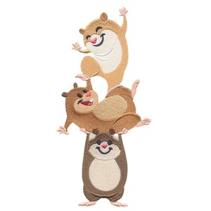 May include: An embroidered patch featuring three cartoon hamsters stacked vertically. The top hamster is light tan, the middle hamster is medium brown, and the bottom hamster is dark brown. Each hamster has a cream-colored belly and pink nose.