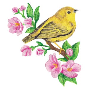 Yellow Warbler in Watercolor Embroidered Waffle Weave Hand Dish Towel, Flour Sack or Velour Towel, Bird Embroidery