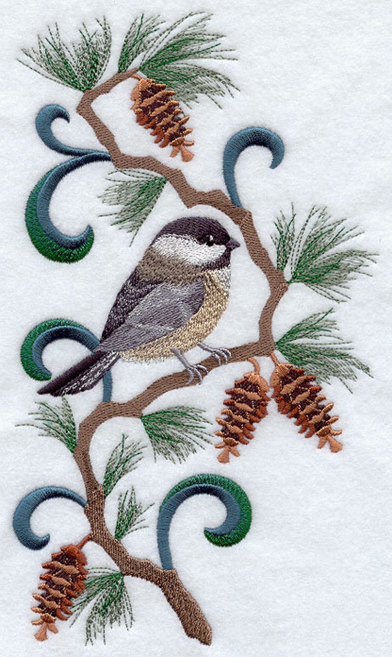 MAINE State Bird Flower CHICKADEE SET OF 2 HAND TOWELS EMBROIDERED 