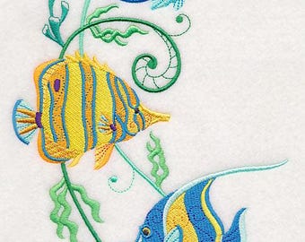 Tropical Fish potpourri Spray Embroidered Waffle Weave Hand Dish Towel, Flour Sack, Tropical Fish