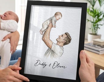 Personalised Fathers Day Gift, Custom Watercolour Dad and Baby Portrait from Photo, Wall Art