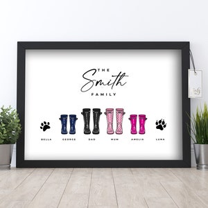 Personalised wellies print, welly boot print with custom names, for a Mothers Day gift, housewarming gift, gift for mum, gift for dog owner