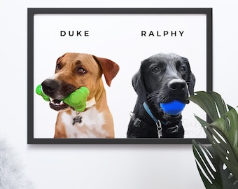 2 Dog portrait, Two dog portrait, a custom dog portrait from your photo, digital file, printed poster or framed poster, pet memorial