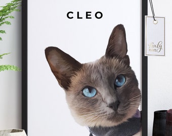 Cat portrait. A custom personalized cat portrait from your photo,  style, digital file, printed poster or framed poster