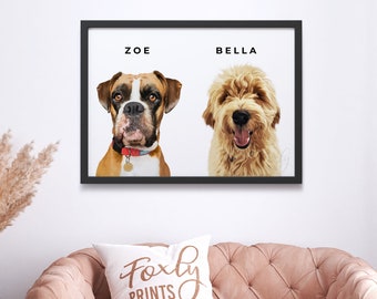 2 Dog portrait, Two dog portrait, a custom dog portrait from your photo, digital file, printed poster or framed poster, pet memorial