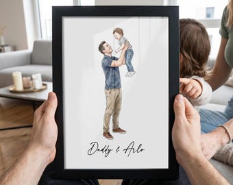 Personalised First Fathers Day Gift, Watercolour Dad and Baby Portrait from Photo Print