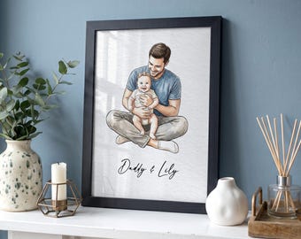 First Fathers Day Gift, Personalised Watercolour Portrait from Photo, New Daddy and Baby Art