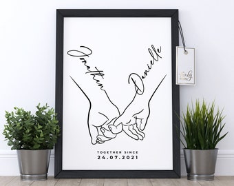 Könnte beinhalten: Schwarzweiß-Linienkunst-Druck von zwei Händen, die sich halten, mit den Namen "Jonathan" und "Danielle" über den Händen. Der Text "Together Since 24.07.2021" befindet sich unter den Händen.
