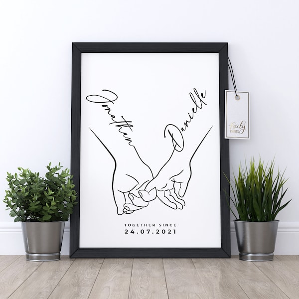 Anniversary gift, personalised line drawing of two hands holding, for paper anniversary, custom names