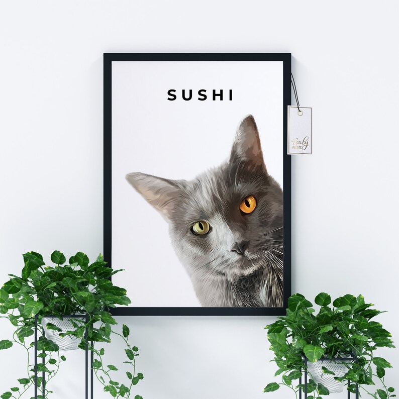 Cat portrait. A custom personalized cat portrait from your photo, style, digital file, printed poster or framed poster image 7