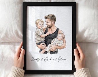 Fathers Day Gift from Kids, Custom Watercolour Dad and Baby Portrait from Photo Print