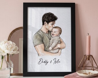 Fathers Day Gift from Daughter, Custom Watercolour Dad and Baby Portrait from Photo Print