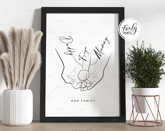 Personalised fathers day gift, gift for dad, personalised family print with line drawing of hands together, custom names, family of 3, 4, 5