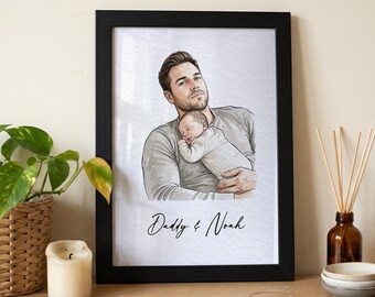New Dad Fathers Day Gift, Custom Watercolour Baby Portrait from Photo, Personalised Wall Art