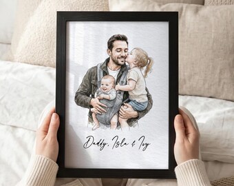 Fathers Day Gift from Son, Custom Watercolour Dad and Baby Portrait from Photo Print