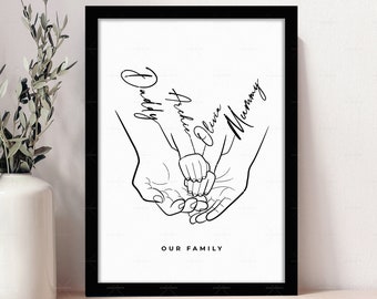 Personalised mothers day gift, gift for mum, personalised family print with line drawing of hands together, custom names family of 3, 4 or 5