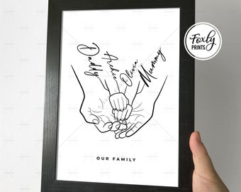 Personalised fathers day gift, gift for dad, personalised family print with line drawing of hands together, custom names, family of 3, 4, 5