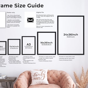 May include: A guide to different frame sizes for prints, with measurements in inches and centimeters. The guide includes information about the type of card used for each size, as well as the frame thickness. The sizes listed are A4, 11x14 inch, A3, 16x20 inch, and 24x36 inch.