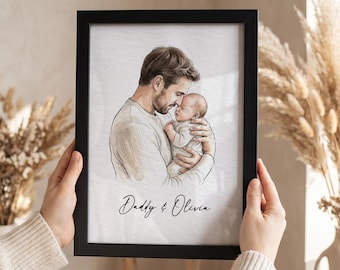First Fathers Day Gift, Custom Watercolour Dad and Baby Portrait from Photo, Wall Art