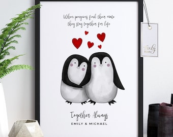 Penguin gift, Valentines Day gift , valentines gift, valentine's day gift, gift for her, couples gift, 2 penguins cuddling together print