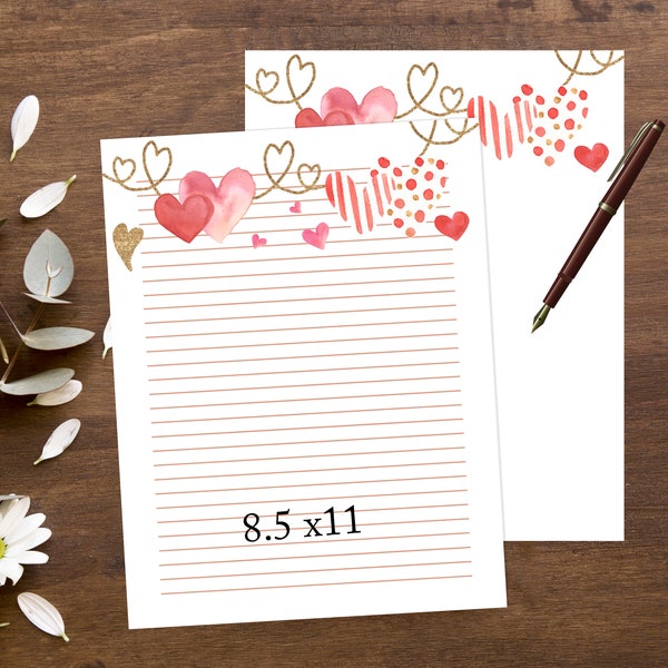 love letter paper design pdf Valentine hearts letter size printable file, floral downloadable file lined paper
