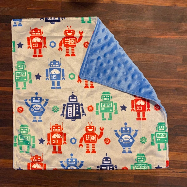 Robot Lovey | Blue Robot Blanket | Baby Security Blanket | Minky Nursery | Colorful Minky Lovey