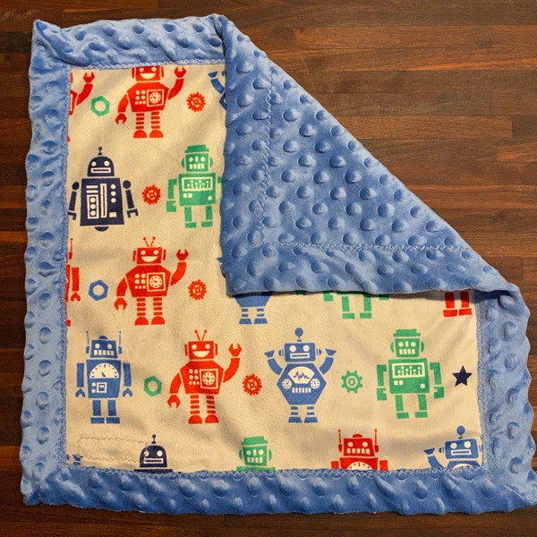 Robot Lovey | Blue Robot Blanket | Baby Security Blanket | Minky Nursery | Colorful Minky Lovey