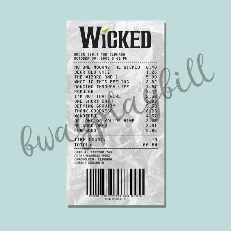 Wicked Broadway Musical Theatre Album Receipt Sticker