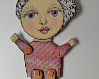Mixed Media Whimsical Wall Art "Q-tie" Articulated Paper Doll