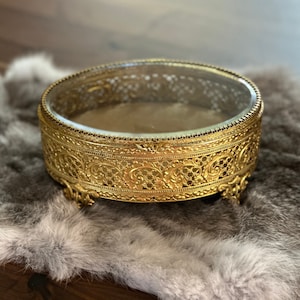 Vintage Ormolu Oval Filigree Glass Jewelry Casket Box
