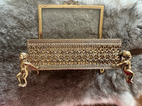 Vintage Ormolu Filigree Glass Rectangle Jewelry C… - image 8