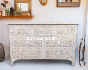 Mother of Pearl Floral Design 7 Drawers Chest Pale Pink, Mother of Pearl Floral 7 Drawers Dresser Pale Pink, MOP Storage Unit