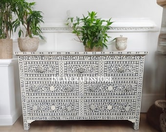 Bone Inlay Floral Design 7 Drawers Chest Grey, Bone Inlay Floral Design 7 Drawers Dresser Table Grey, Bone Inlay Storage Unit