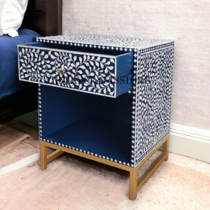 Bone Inlay Scrollvine Design Bedside Table Indigo Blue, Bone Inlay ...