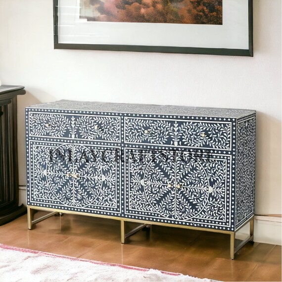 Bone Inlay Scrollvine Design Buffet Table Indigo Blue Bone Etsy UK