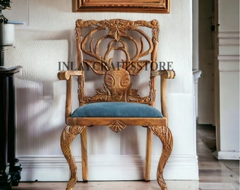 Indian Handcarved Menagerie Deer Armchairs, Indian Handcarved Menagerie Deer Dining Chairs