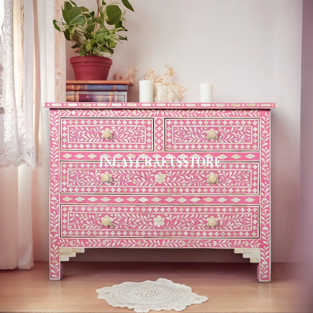 Bone Inlay Floral Design 4 Drawers Chest Pink, Bone Inlay Floral Design ...