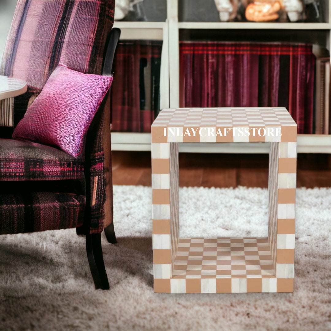 Bone Inlay Checkboard Design Cube Side Table Almond, Bone Inlay ...