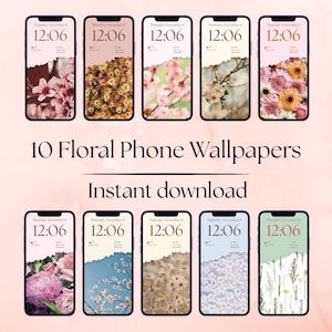 May include: Ten smartphone screens displaying floral wallpapers. Each phone shows a different flower arrangement, with colors ranging from pink and yellow to white and blue. The text "10 Floral Phone Wallpapers" and "Instant download" are also visible.